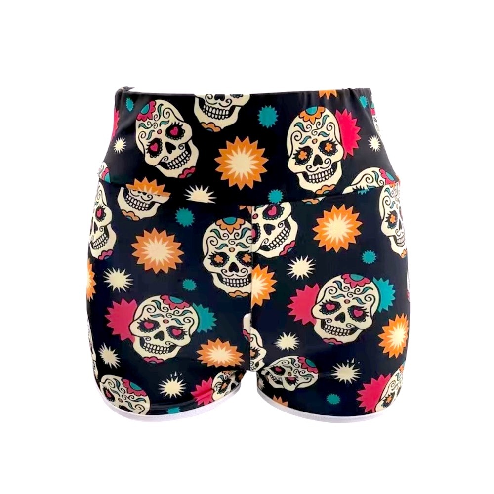 NWT 💀 BLACK MULTI-COLOR SUGAR SKULL HIGH WAIST STRETCH SHORTS Women’s S - Picture 2 of 6